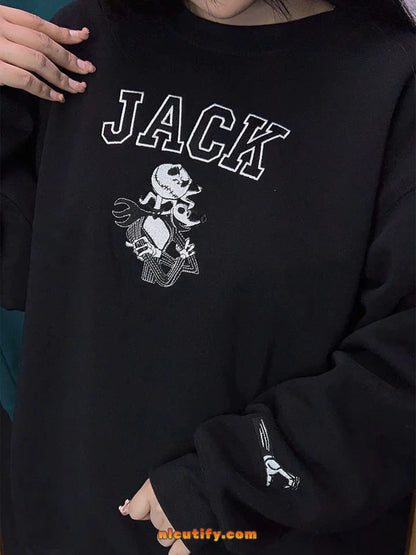 close-up embroidery of Jack Skellington on hoodie